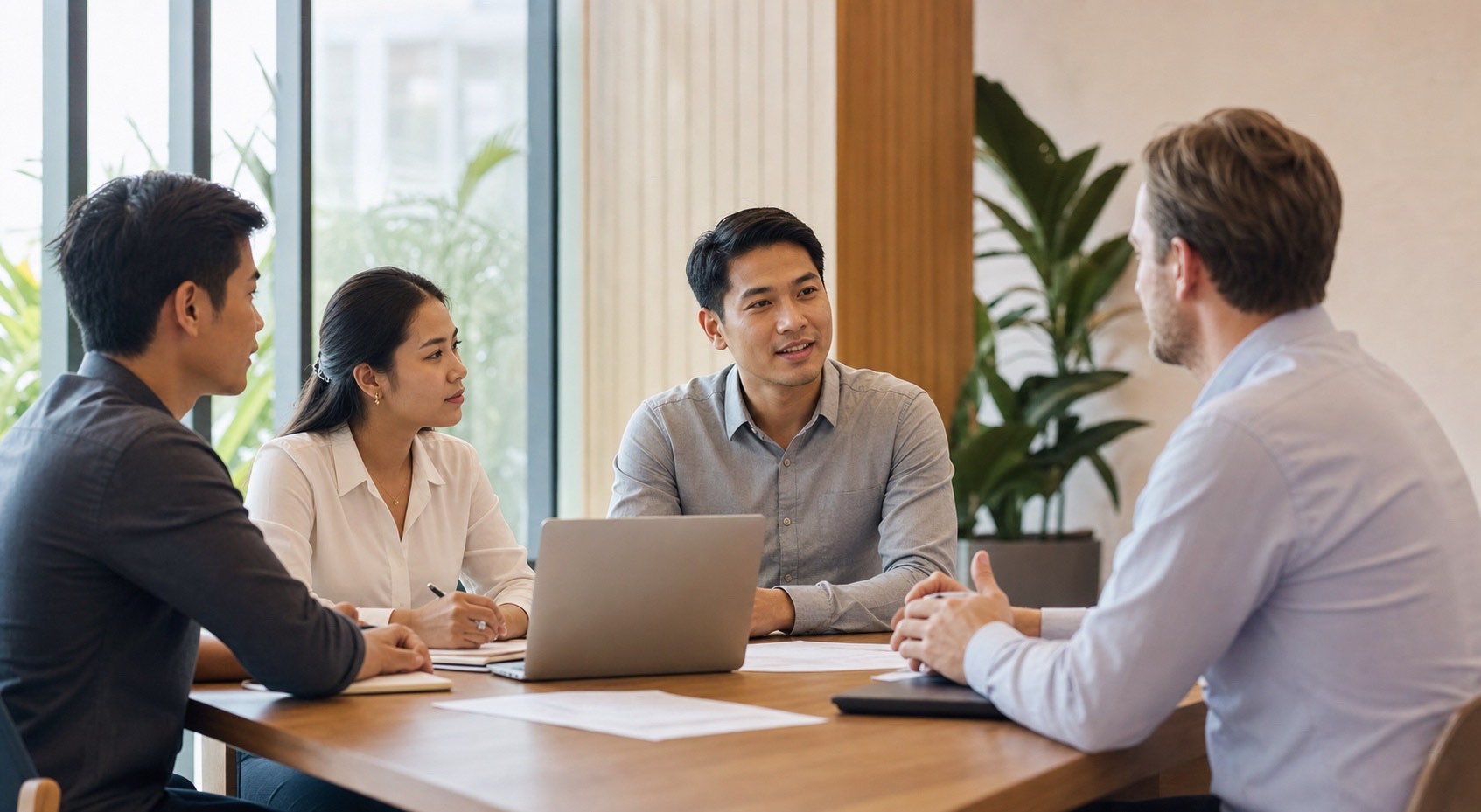 Cambodia HR professionals discussing workforce plans with a client